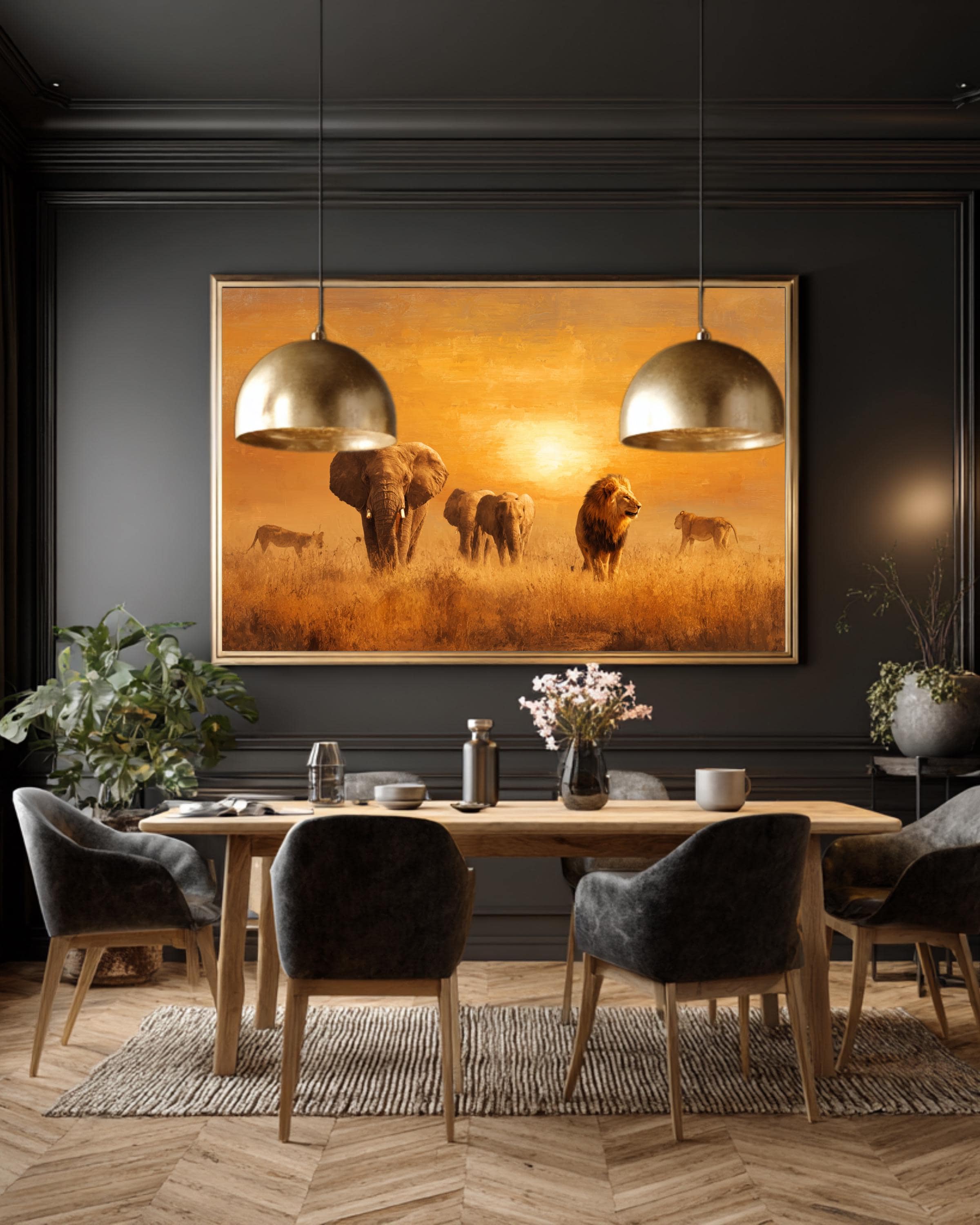 Horizontal Safari Wildlife Canvas | Elephants & Lions in Golden