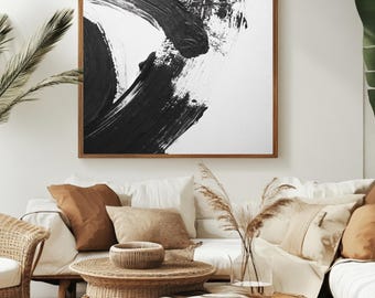 Abstracte zwart-witte canvaskunst, expressieve penseelstreken, minimaal modern muurdecor, hedendaagse kunstafdruk