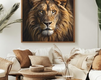 Hyper Realistic Lion Wall Art Canvas, Majestic Wildlife Portrait, Detailed Mane, Dramatic Lighting, Modern Decor