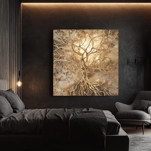 May include: A large square canvas art piece featuring a golden tree design against a mottled, light-colored background. The tree's branches and roots are intricately detailed. The artwork is mounted on a dark wall in a bedroom setting.