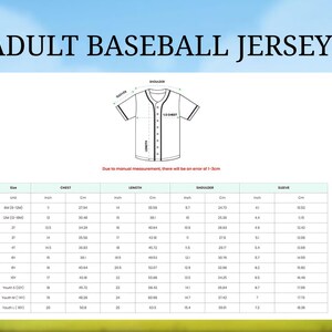 The image is an adult baseball jersey size chart, which includes measurements for chest, shoulders, waist, and length. The chart provides size information for different age groups, such as youth (Y) and youth (Y/L) players. The chart is designed to assist in determining the appropriate size for a baseball jersey based on the player's age and height.