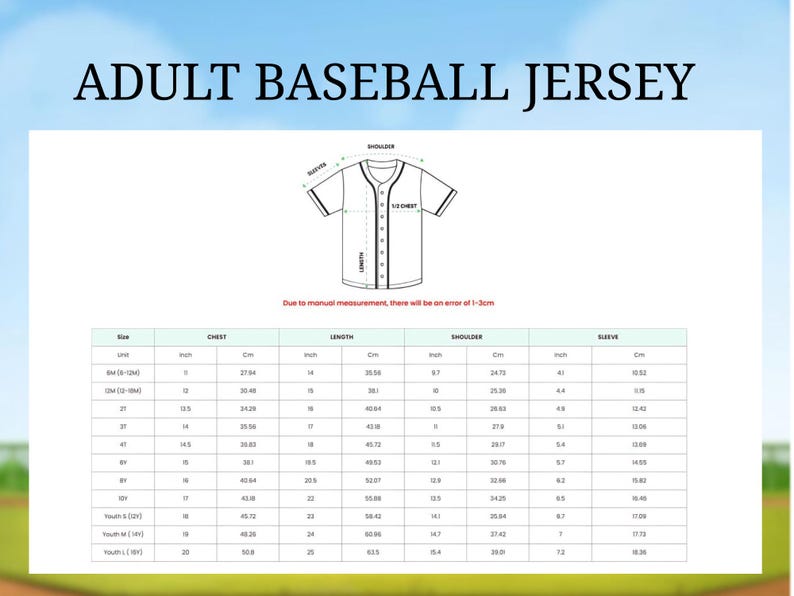 The image is an adult baseball jersey size chart, which includes measurements for chest, shoulders, waist, and length. The chart provides size information for different age groups, such as youth (Y) and youth (Y/L) players. The chart is designed to assist in determining the appropriate size for a baseball jersey based on the player's age and height.