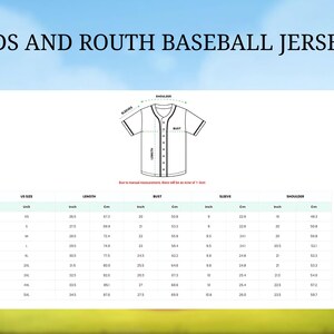 The image is a children's baseball jersey size chart, showing the measurements for different age groups.