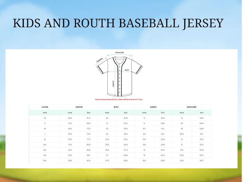 The image is a children's baseball jersey size chart, showing the measurements for different age groups.