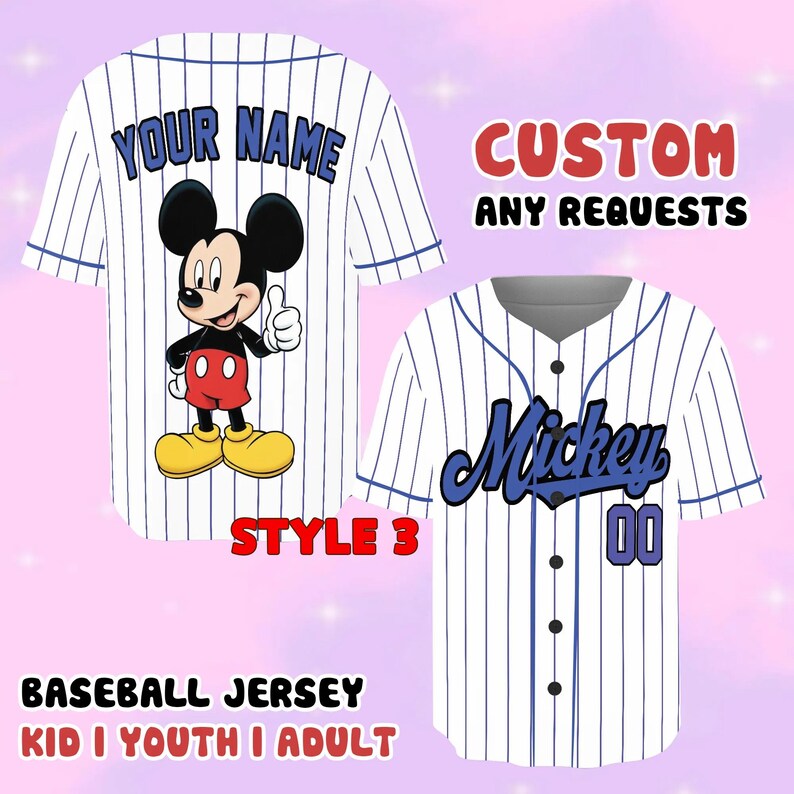 a baseball jersey with a Mickey Mouse design, along with text indicating that the jersey can be customized with a name and age.