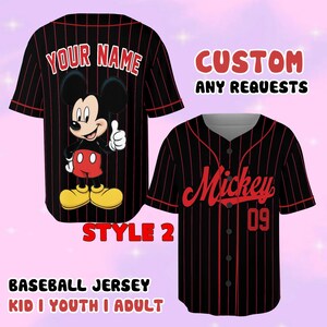 a baseball jersey with a Mickey Mouse design, along with the text "YOUR NAME" and "CUSTOM ANY REQUESTS" displayed on the back and front of the jersey, respectively.