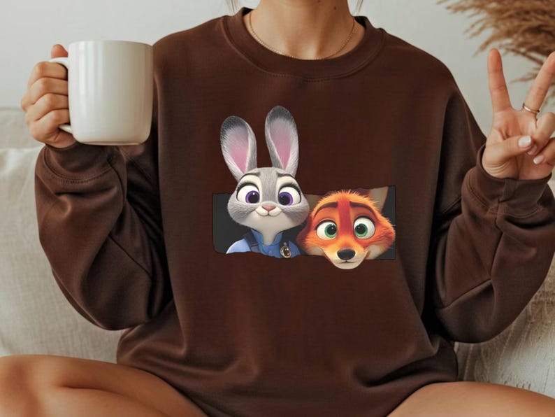 A person is sitting on a couch, wearing a brown sweater with a graphic of two cartoon rabbit characters, one gray and one orange, and holding a white mug.
