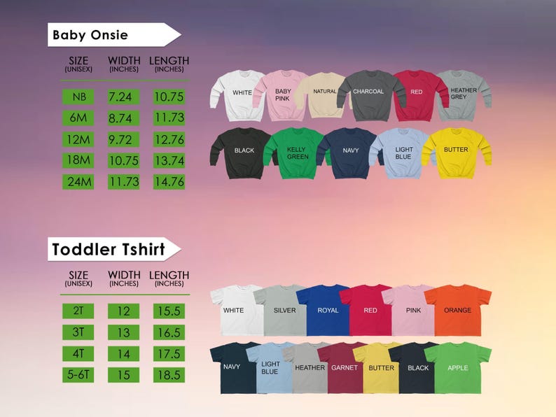 a collection of baby and toddler clothing items, including sizes, widths, and colors, arranged in two columns. The baby clothing items are organized by size and color, while the toddler clothing items are grouped by width and color. The image provides a visual representation of the available clothing options for both babies and toddlers.
