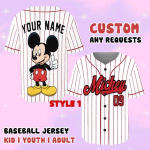 a baseball jersey with a Mickey Mouse design, along with text indicating that the jersey can be customized for any requests.