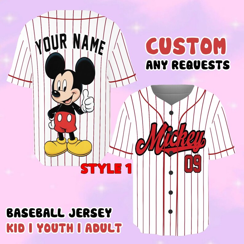 a baseball jersey with a Mickey Mouse design, along with text indicating that the jersey can be customized for any requests.