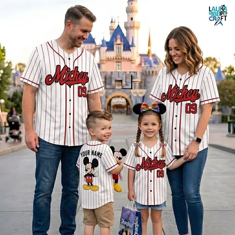 A family of four, consisting of a father, mother, and two children, posing together in front of a Disney castle. They are all wearing matching Mickey-themed baseball jerseys.