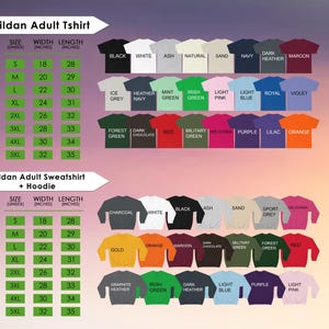 a variety of sizes and colors for adult t-shirts, including Gildan, adult sweatshirts, and hoodies.