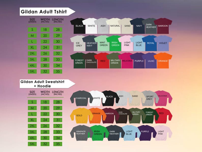 a variety of sizes and colors for adult t-shirts, including Gildan, adult sweatshirts, and hoodies.