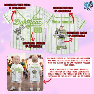 The image is a collage of two images, one showing a baby wearing a white baseball jersey with a character from the Toy Story franchise, and the other showing a baby wearing a white baseball jersey with a character from the same franchise. The image on the left is a side view of the baby wearing the jersey, while the image on the right is a front view of the baby wearing the jersey.