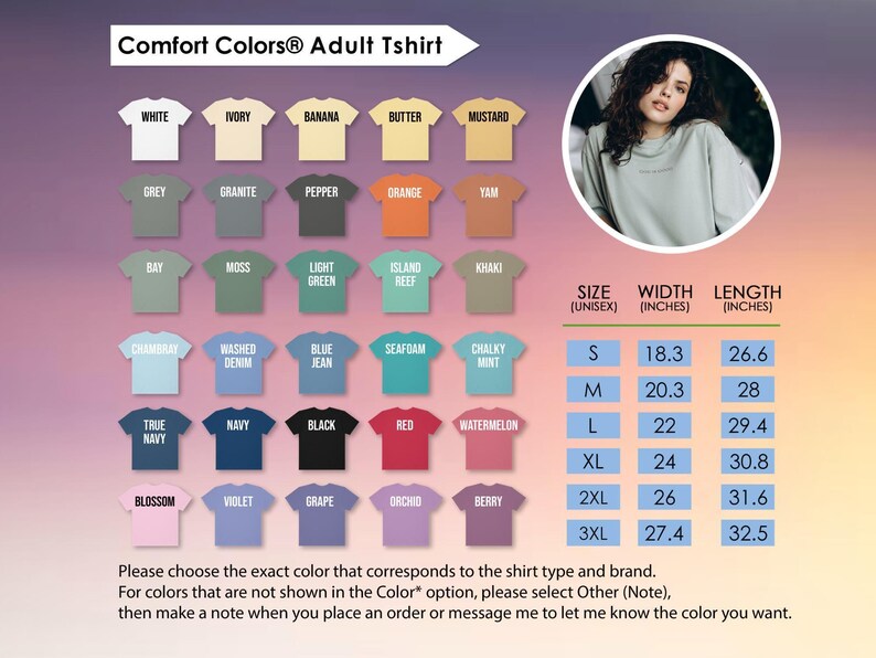 The image is an advertisement for an adult t-shirt, featuring a variety of different colored t-shirts and a woman's portrait.