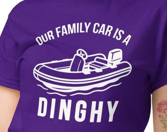 Funny Sailing T-Shirt – “Our Family Car Is a Dinghy” Nautical Line Art