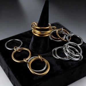 Peut inclure: Plusieurs bagues dorées et argentées présentées sur un présentoir en velours noir. Les bagues présentent des designs liés et empilés. Une bague dorée est exposée sur un cône noir. Les bagues sont en métal brillant.