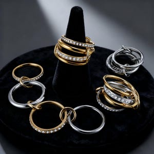 May include: An assortment of gold and silver rings displayed on a black velvet surface. Some rings are adorned with small, sparkling stones. The rings feature various designs, including linked circles and stacked bands, showcasing a modern jewelry collection.