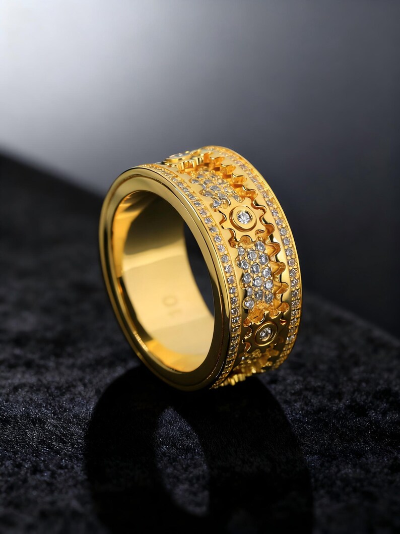 Gold Fidget Ring, CZ Spinner Ring