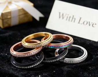Anillo antiestrés dorado, regalo relajante para mujer, joyería fina, anillo giratorio con pavé completo, banda delgada minimalista para uso diario, listo para regalar.