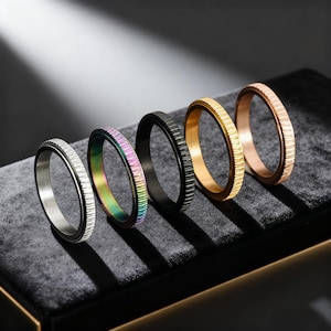 Può includere: Cinque anelli in fila, ognuno con un colore e una consistenza unici. Gli anelli includono argento, iridescente, nero, oro e oro rosa. Ogni anello ha un design strutturato e scanalato attorno alla fascia, creando un look moderno ed elegante. Gli anelli sono esposti su una superficie scura.