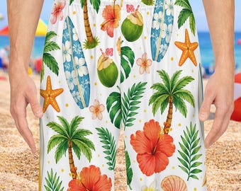 Shorts de basquete com estampa tropical para surfe | Shorts esportivos havaianos para praia | Shorts de férias de verão com estampa de hibisco | Shorts com estampa de ilha