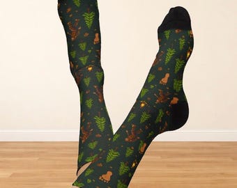 Bigfoot Forest Pattern Socks | Sasquatch Socks | Funny Bigfoot Socks | Cryptid Socks | Woodland Pattern Crew Socks