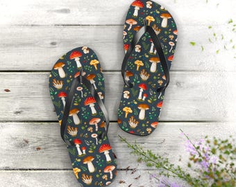 Woodland Mushroom Flip Flops | Cottagecore Sandals | Forest Mushroom Summer Shoes | Nature Lover Beach Flip Flops