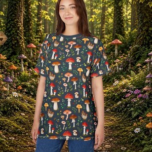 Mushroom Pattern T Shirt | Woodland Nature Graphic Tee | Cottagecore Shirt | Forest Mushroom AOP Unisex Tee