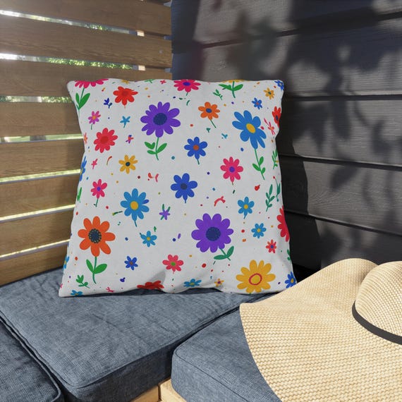 Buntes Blumen Outdoor Kissen | Frühlingsblumen Dekokissen | Garten Terrasse Dekor | Helles Gänseblümchen-Kissen | Sommer Outdoor Kissen