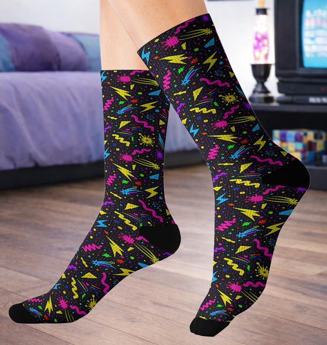 80s Arcade Pattern Socks | Retro Gaming Crew Socks | Neon Pixel ...