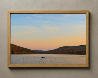 Serene Lake Sunset Landscape Poster | Peaceful Nature Wall Art | Calm Water Mountain View Photography Print