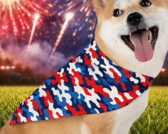 Vaterländisches Camo Haustier-Bandana | Rot Weiß Blau Hundehalstuch | 4. Juli Hundeschal | USA Haustier Outfit | Amerikanischer Tarnhund