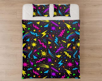 80s Arcade Cotton Bed Set | Retro Gaming Bedding | Neon 90s Bedroom Decor | Memphis Style Duvet Cover Set