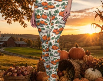 Pumpkin Leggings | Fall Leggings | Autumn Pumpkin Print Leggings | High Waist Womens Leggings | Thanksgiving