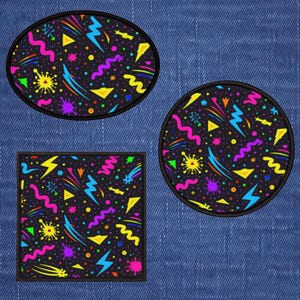 May include: Three patches with a black background and a colorful 80s design. The patches are in oval, round, and square shapes. The design includes yellow lightning bolts, pink squiggly lines, and blue and yellow triangles.
