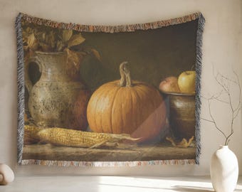 Pumpkin Woven Cotton Blanket - 100% Cotton Cozy Fall Throw, Cottagecore Tapestry for Living Room & Autumn Home Decor