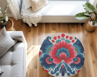 Round Tufted Floor Pillow - 26"/30" 100% Polyester Floor Cushion, Boho Folk Red & Blue, Cozy Decorative Home Decor Pillow