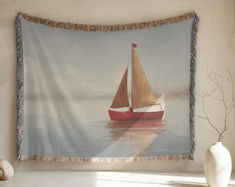 100% Cotton Woven Blanket - Sailboat Nautical Throw, Cozy Coastal Beach House Decor
