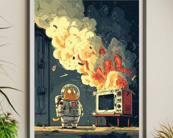 Astronaut Cat & Exploding Microwave | Funny Retro Sci-Fi Wall Art | SpaceManArtStudio | Cosmic Humor Printable Poster