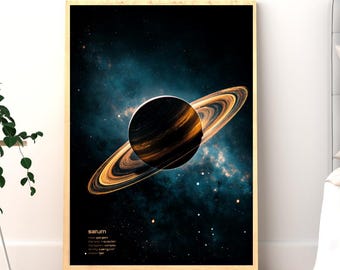 土星のウォールアート（印刷可能）、惑星ポスター、天体アート、天文学プリント、寝室の美学、ミニマルでラグジュアリーな宇宙アート、デジタルダウンロード