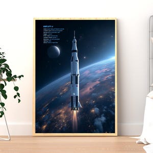 May include: A framed print of the Saturn V rocket launching from Earth. The image shows the rocket against a backdrop of space, with the Earth and a moon visible. The print has a wooden frame.