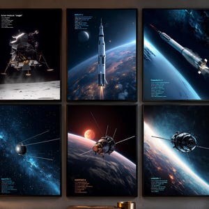 Könnte beinhalten: Ein Set aus sechs gerahmten Wandkunstdrucken mit dem Titel Space Race Legends, die detaillierte Illustrationen historischer Raumfahrzeuge zeigen, darunter die Mondlandefähre, die Saturn V-Rakete und verschiedene Satelliten im Erdorbit.