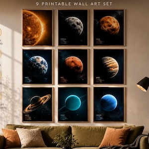 Könnte beinhalten: Ein Set aus neun gerahmten Wandbildern mit dem Titel Solar System Collection, die einzeln die Sonne und acht Planeten vor dunklem Weltraumhintergrund zeigen, wobei jedes Himmelskörper-Exemplar in einer Rasteranordnung beschriftet ist.