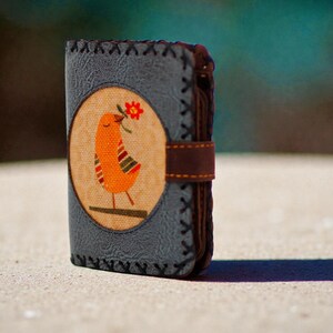 Handmade Vegan Leather Wallet Cute Yellow Bird Small Purse Faux Leather Phone Card Holder Vintage Animal Clutch Unique Artisan Gift Her Petroleum