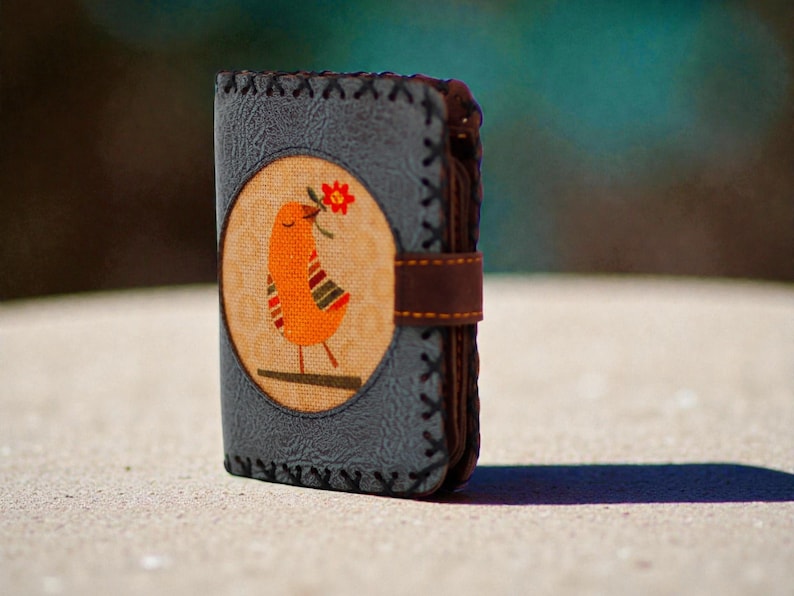 Handmade Vegan Leather Wallet Cute Yellow Bird Small Purse Faux Leather Phone Card Holder Vintage Animal Clutch Unique Artisan Gift Her Petroleum