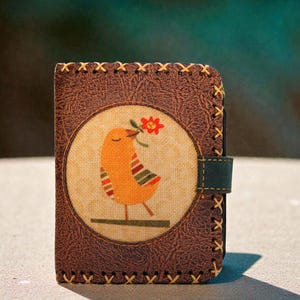 Handmade Vegan Leather Wallet Cute Yellow Bird Small Purse Faux Leather Phone Card Holder Vintage Animal Clutch Unique Artisan Gift Her Brown