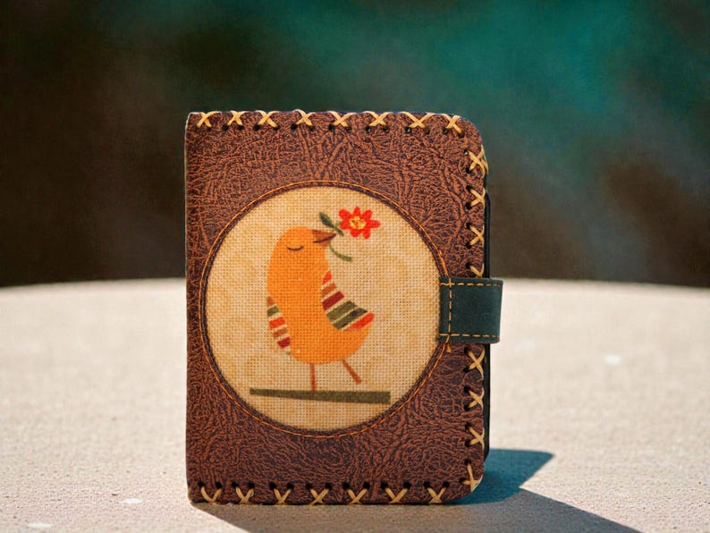 Handmade Vegan Leather Wallet Cute Yellow Bird Small Purse Faux Leather Phone Card Holder Vintage Animal Clutch Unique Artisan Gift Her Brown