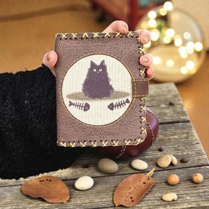 Handmade Vegan Leather Wallet Cute Fluffy Black Cat Faux Leather Phone Holder Small Animal Coin Purse Vintage Artisan Gift For Her