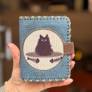 Handmade Cat Vegan Leather Wallet, Cute Cat Fishbone Small Purse, Boho Embroidered Card Holder, Animal Lover Gift For Women Small Gift
